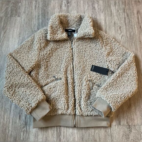 Forever 21 Women's Bomber Jacket Faux Shearling Zip-Up Coat Beige Tan Medium - Picture 1 of 8